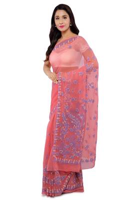Peach Embroidered Faux Georgette Chikankari Saree With Blouse 3