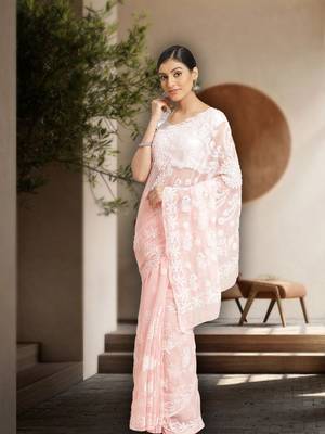 Ada Women Hand Embroidered Peach Faux Georgette Lucknowi Chikankari Saree With Blouse -  Peach 1