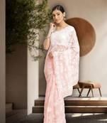 Ada Women Hand Embroidered Peach Faux Georgette Lucknowi Chikankari Saree With Blouse -  Peach