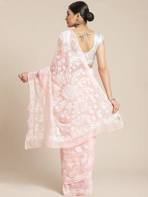 Ada Women Hand Embroidered Peach Faux Georgette Lucknowi Chikankari Saree With Blouse -  Peach 2