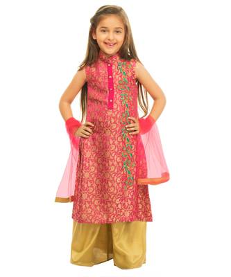 Pink Brocade Kurta  With Gold Palazzo 1