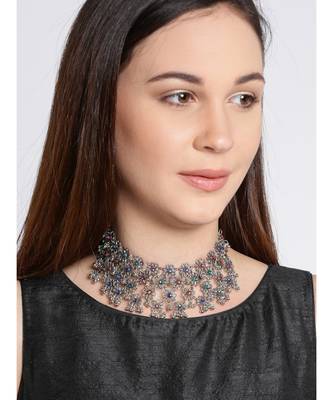 Infuzze Oxidised Silver-Toned Stone-Studded Necklace 3