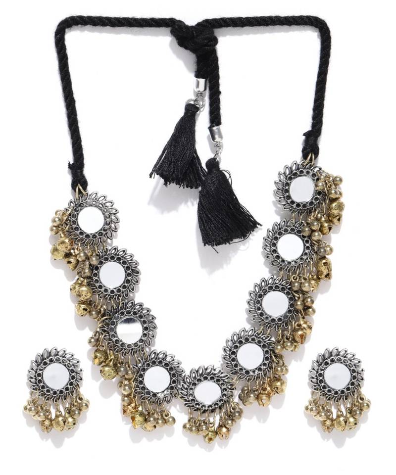 Infuzze Oxidised Silver-Toned & Antique Gold-Toned Mirror-Work Jewellery Set
