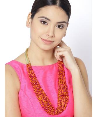 Infuzze Orange & Pink Beaded Handcrafted Multistranded Necklace 2
