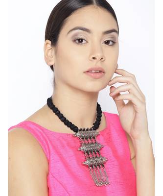 Infuzze Oxidised Silver-Toned & Black Textured Tribal Necklace 3