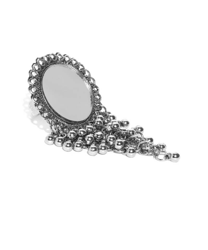 Infuzze Women Oxidised Silver-Toned Mirror-Work Adjustable Ring
