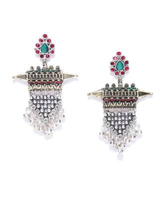 Infuzze Oxidised Silver-Toned & Antique Gold-Toned Stone-Studded Drop Earrings 2