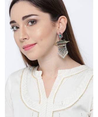 Infuzze Oxidised Silver-Toned & Antique Gold-Toned Stone-Studded Drop Earrings 4