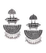 Infuzze Oxidised Silver-Toned & Black Stone-Studded Crescent Shaped Chandbalis