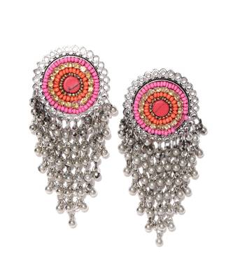 Infuzze Oxidised Silver-Toned & Pink Beaded Classic Drop Earrings 1