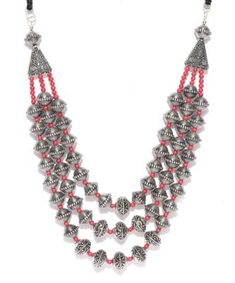 Infuzze Oxidised Silver-Toned & Red Layered Tribal Necklace 1