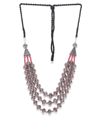 Infuzze Oxidised Silver-Toned & Red Layered Tribal Necklace 2