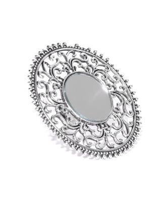 Infuzze Women Oxidised Silver-Toned Mirror-Work Textured Adjustable Tribal Ring 1