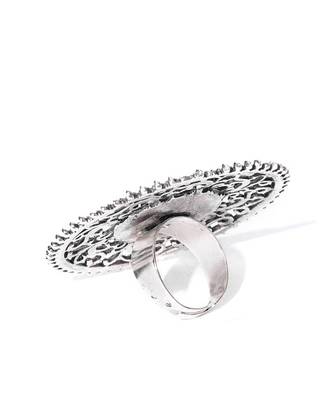 Infuzze Women Oxidised Silver-Toned Mirror-Work Textured Adjustable Tribal Ring 2
