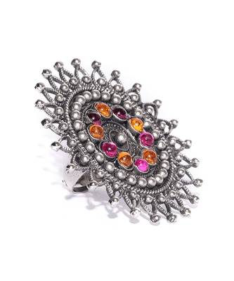 Infuzze Oxidised Silver-Toned & Pink Stone-Studded Adjustable Oversized Ring 1