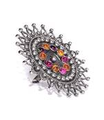 Infuzze Oxidised Silver-Toned & Pink Stone-Studded Adjustable Oversized Ring