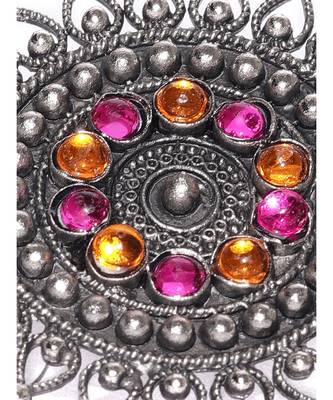 Infuzze Oxidised Silver-Toned & Pink Stone-Studded Adjustable Oversized Ring 3