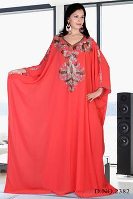 Light red embroidered georgette islamic kaftan 1
