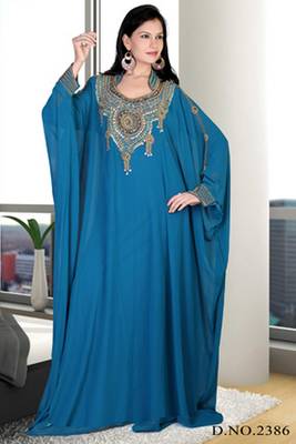 Turquoise embroidered georgette islamic kaftan 1