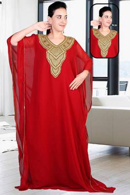 Red embroidered georgette islamic kaftan 1