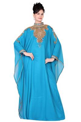 Turquoise embroidered georgette islamic kaftan 1