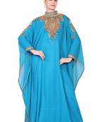 Turquoise embroidered georgette islamic kaftan