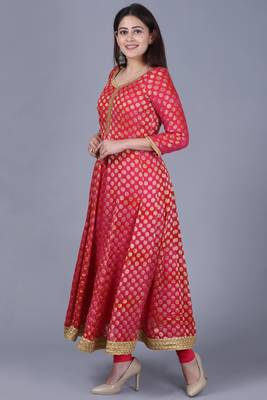 Pink Red Georgette Banarsi Anarkali with Leggings 1