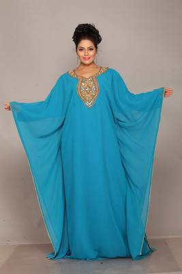Turquoise embroidered georgette islamic kaftan 1