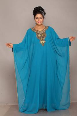 Turquoise embroidered georgette islamic kaftan 1