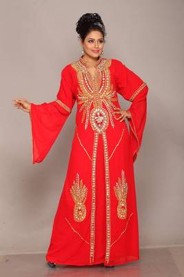 Red embroidered georgette islamic kaftan 1