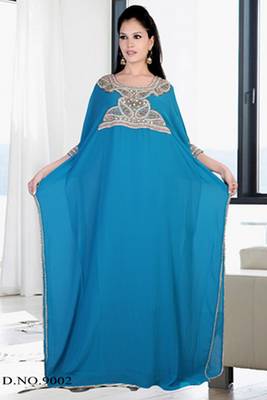 Turquoise embroidered georgette islamic kaftan 1