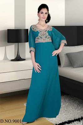 Turquoise embroidered georgette islamic kaftan 1