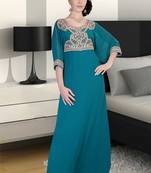 Turquoise embroidered georgette islamic kaftan