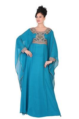 Turquoise embroidered georgette islamic kaftan 1