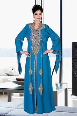 Sky-blue embroidered georgette islamic kaftan 1