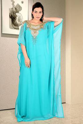 Sky-blue embroidered georgette islamic kaftan 1