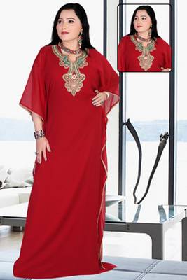 Red embroidered georgette islamic kaftan 1