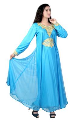 Sky-blue embroidered georgette islamic kaftan 1