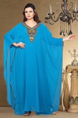 Sky-blue embroidered georgette islamic kaftan 1