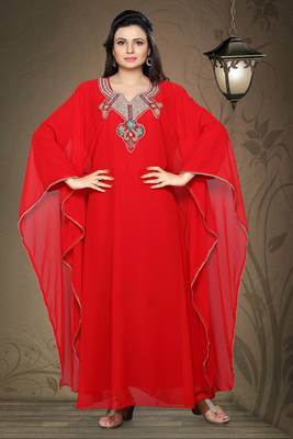 Red embroidered georgette islamic kaftan 1