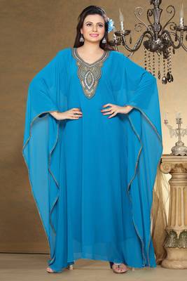 Sky-blue embroidered georgette islamic kaftan 1