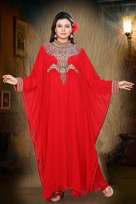 Red embroidered georgette islamic kaftan 1