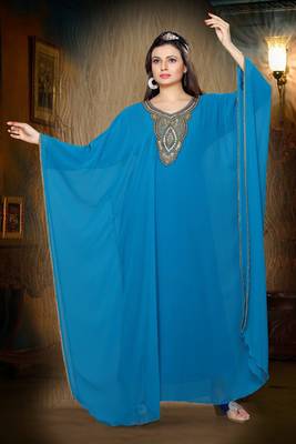 Sky-blue embroidered georgette islamic kaftan 1