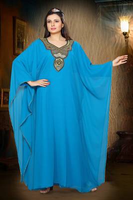 Sky-blue embroidered georgette islamic kaftan 1