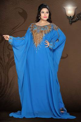 Sky-blue embroidered georgette islamic kaftan 1