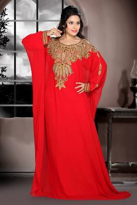 Red embroidered georgette islamic kaftan 1