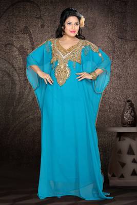 Sky-blue embroidered georgette islamic kaftan 1