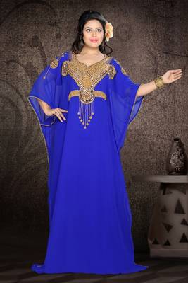 Royal-blue embroidered georgette islamic kaftan 1
