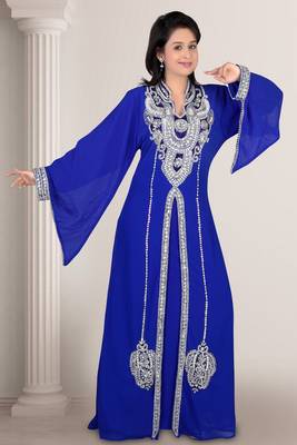 Royal-blue embroidered georgette islamic kaftan 1