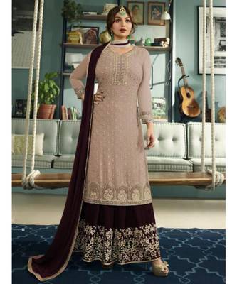 brown embroidered faux georgette semi stitched salwar with dupatta 1
